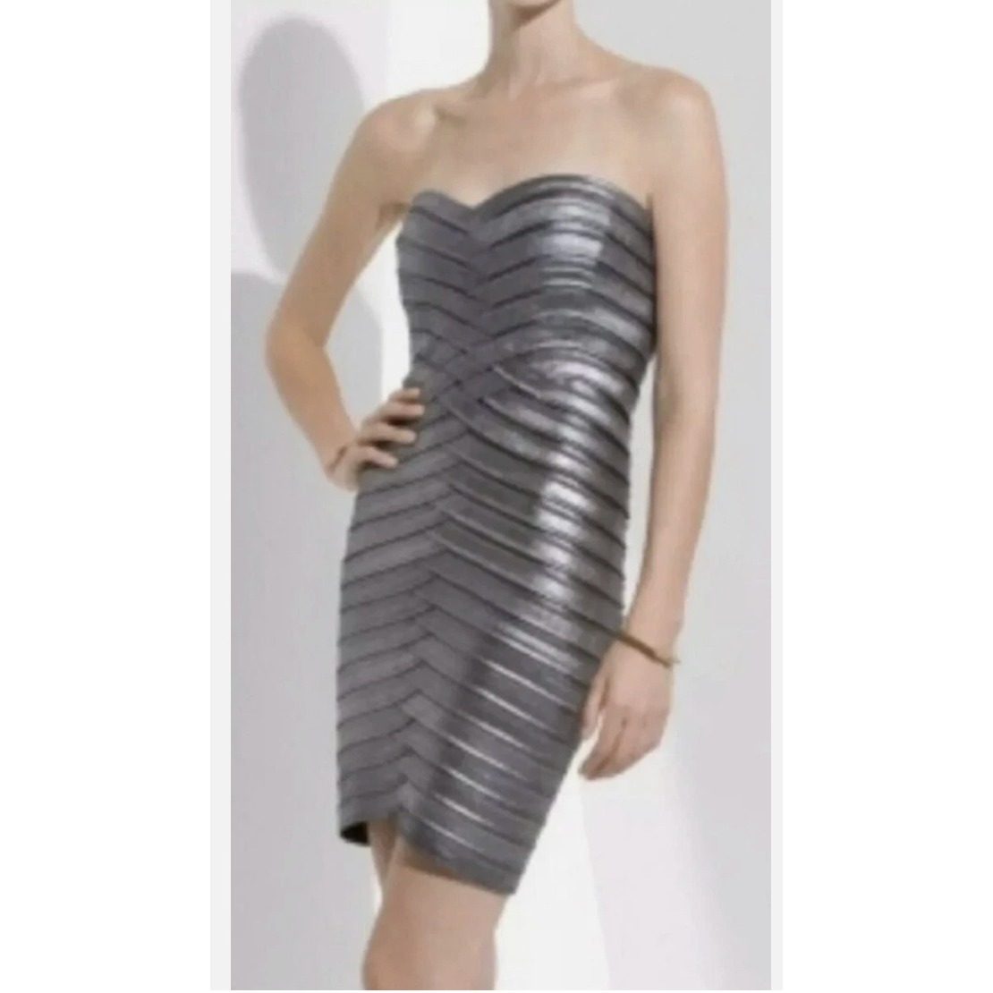 Bcbgmaxazria Metallic Bandage Strapless Bodycon Mini Dress Silver Black Medium
